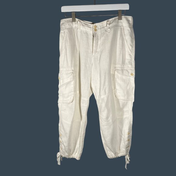 Sundance Linen Cargo Pants Size 6 White ivory white drawstring button deatails - Picture 1 of 11